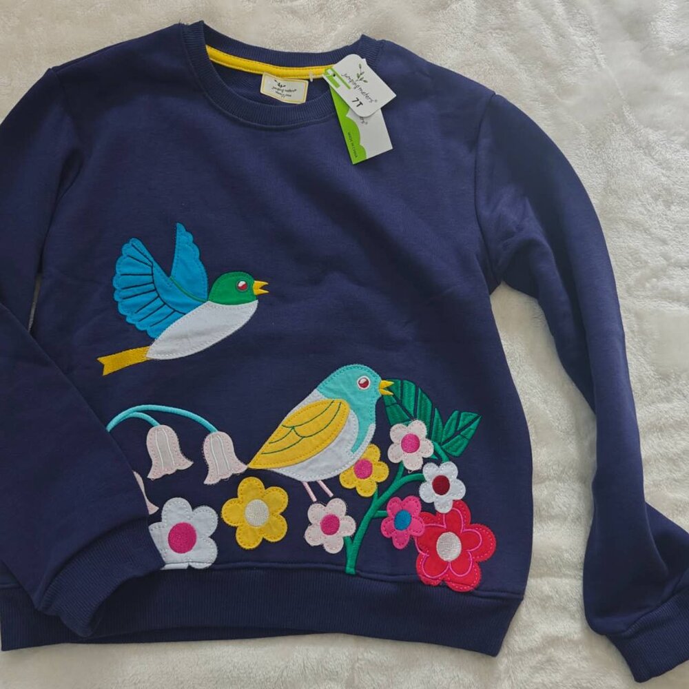 NWT Kid's Long Sleeve Embroidered Sweatshirt in Blue Garden Birds - Picture 3 of 3